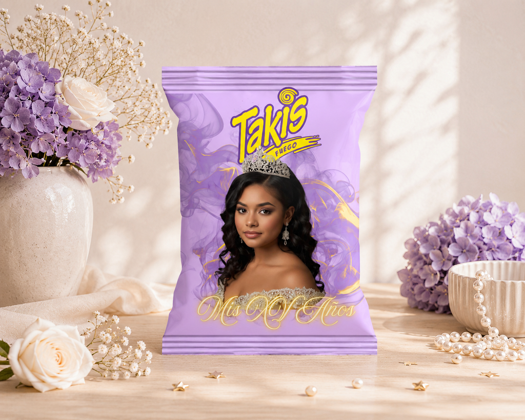 Custom Quinceañera Takis Chip Bags | Personalized Party Favors with Photo | Mis XV Años Snack Bags