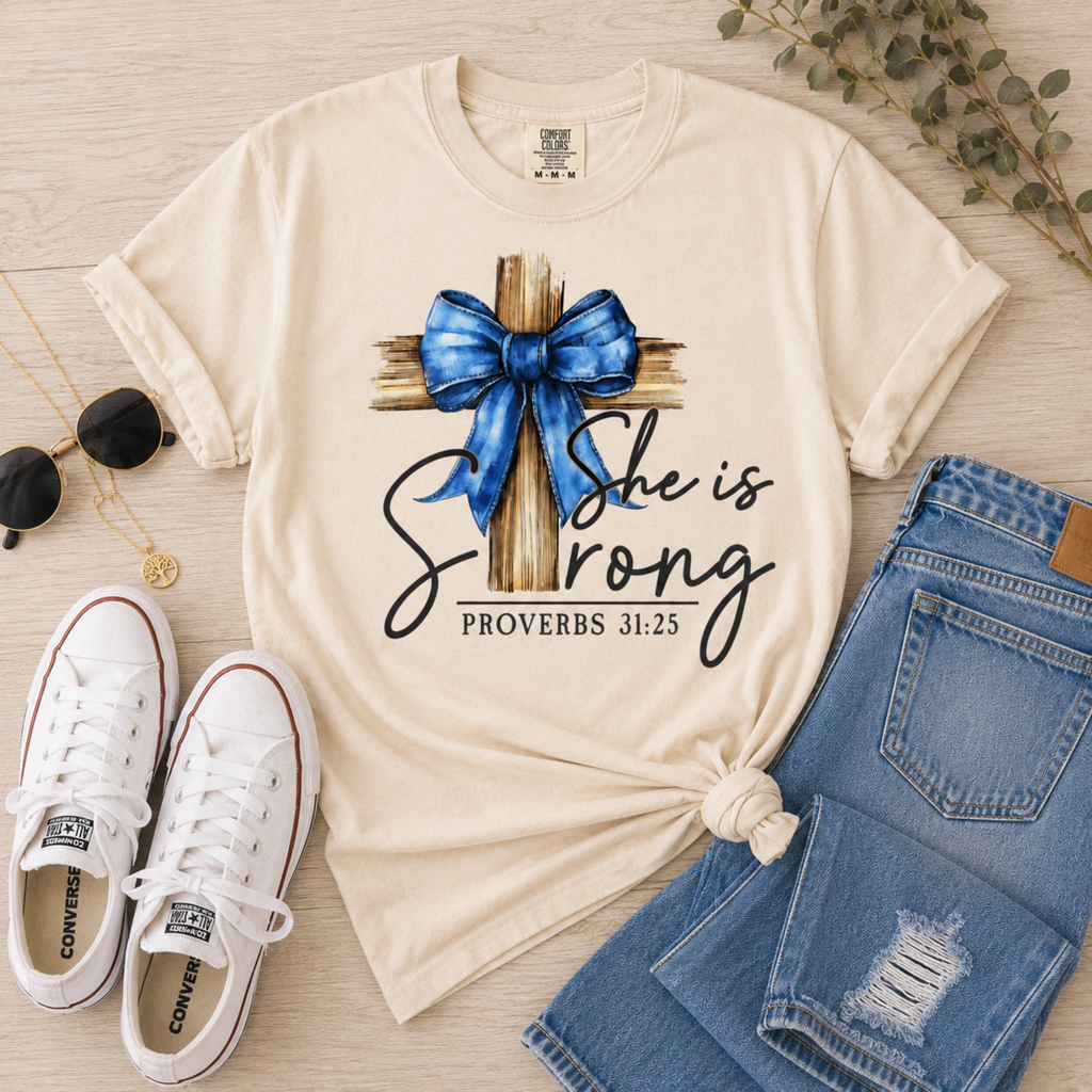 She Is Strong Proverbs 31:25 Comfort Colors® T-Shirt |  Faith-Based Shirt | Inspirational Women's Shirt